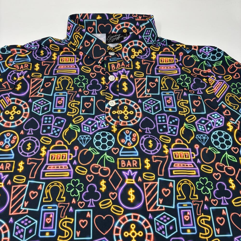 Sunday Swagger Mens Large Black Multicolor Casino Pattern Golf Polo Shirt